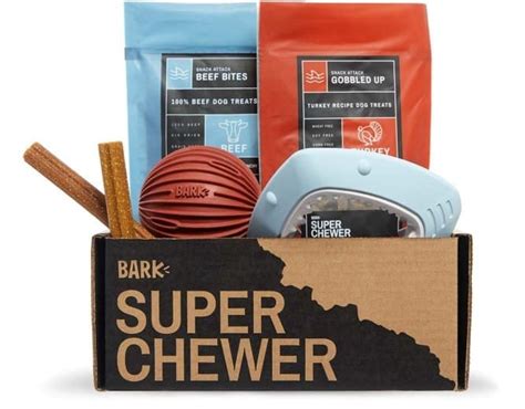 Bark box super chewers. TOUGH. FUN. DELIVERED. Super Chewer is a monthly box of tough toys and meaty snacks for dogs who love to chew. Plans start at $30/month. Shipping is FREE inside the contiguous 48 United States. 