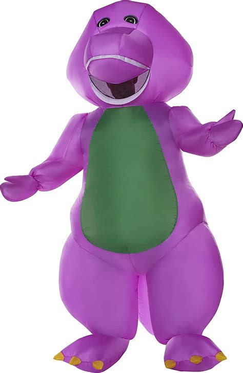 Barney inflatable costume. Bring the dinosaur from your imagination to life in this inflatable Barney costume! This pleasantly puffed Barney jumpsuit features a vibrant purple body and a big green belly. … 