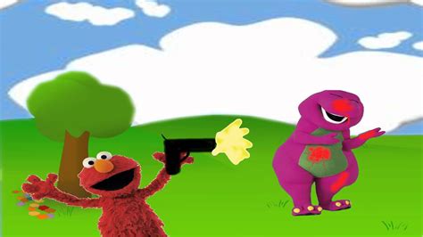 Barney kills elmo. Elmo shoots the Burger King. 