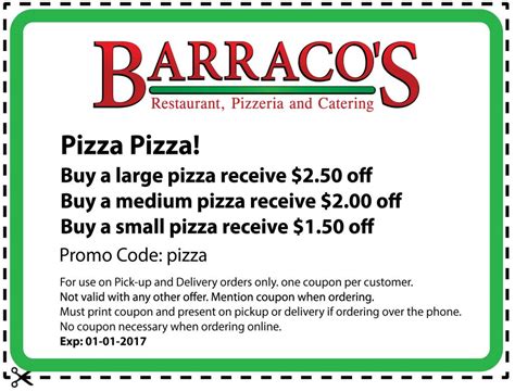 Barracos coupon code. Coupon. Print. CONNECTWITH US. Employment Application. Third party services. Third party delivery services have separate terms and conditions or privacy policies that you should review and understand before using them. NEITHER BARRO’S PIZZA NOR ANY OTHER MEMBERS OF THE BARRO’S PIZZA SYSTEM HAVE ANY RESPONSIBILITY … 