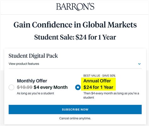Then $4 every month as long as you’re a student. SUBSCRIBE NOW. Cancel online anytime. Saturday print edition home delivery. Unlimited access to Barrons.com. Barron's mobile and tablet apps. Informative podcasts.. 
