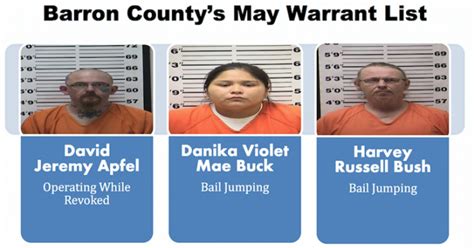 Barron county warrants. The Wood County Sheriff's Department holds active Warrant (s) for the persons listed below in alphabetical order. This list is current at the time of posting. All warrants need to be verified through our system and also through CIB before the individual will be apprehended. If you know the whereabouts or have any knowledge of any of these ... 