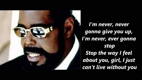 Barry white never gonna give you up lyrics. Never, never gonna give you up. I'm never, ever gonna stop. Not the way I feel about you. Girl, I just can't live without you. I'm never ever gonna quit 'cause. Quittin' just ain't … 