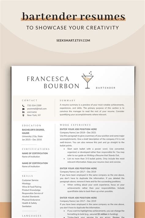 Bartender Resume Template Word, Apple Pages Mac Hospitality Resume CV
