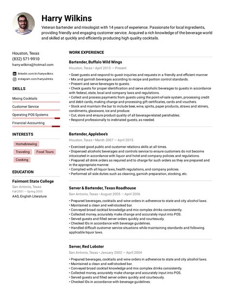 Bartender resume description. Here’s how to organize your resume: 1. Choose the ideal format for your resume. Use the chronological resume layout, focusing on your most recent experience and achievements. 2. Create a professional profile. Use a resume summary if you have 2+ years of bartending experience or a resume objectiveif just … See more 