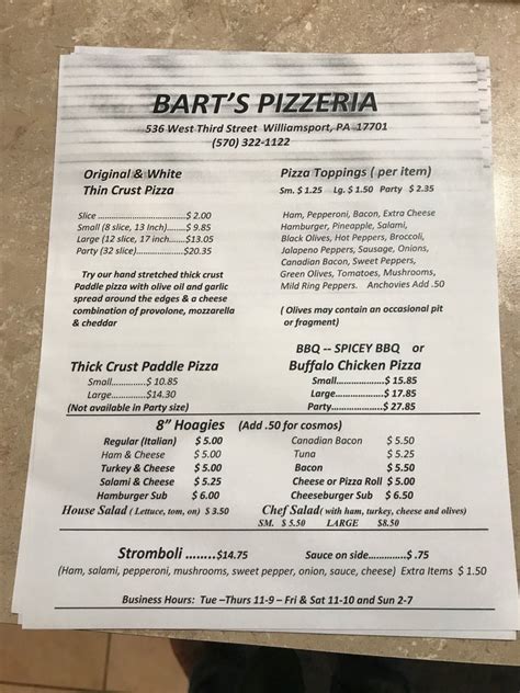 Barts pizza. Dec 11, 2016 · Barts Pizza - Williamsport. 536 West Third St. Williamsport, PA. +1-570-322-1122. 