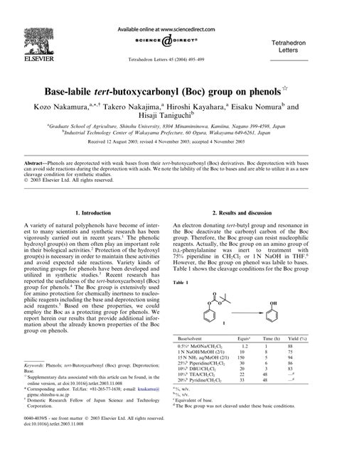 Base-labile tert-butoxycarbonyl (Boc) group on phenols