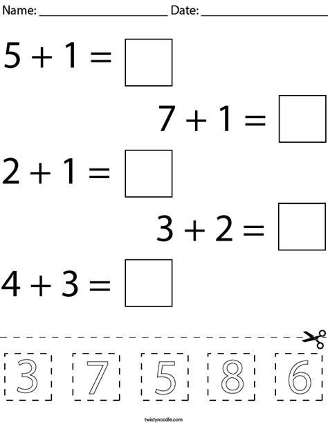 Basic Addition Cut and Paste Math Worksheet Twisty Noodle