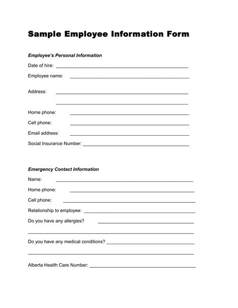 Basic Template Printable Employee Information Form Printable Forms