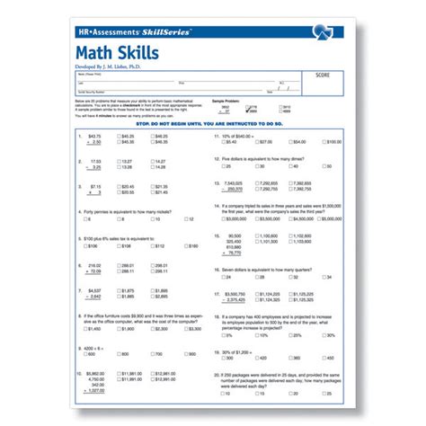 Basic math skills assessment printable.  The test is timed for 1 hour and 30...
