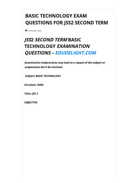 Basic technology exam questions for jss2 second term.  Time allowed: 30 mins.  List 3 t...