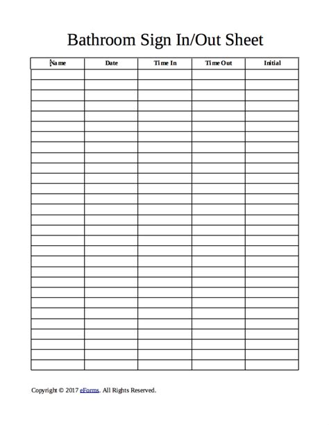 Bathroom Cleaning Signin/out Sheet Template eForms Free Fillable Forms