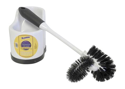 Bathroom brush cleaner. Concrete can be cleaned with numerous common household items, including detergent, vinegar, ammonia, baking soda, hydrogen peroxide, sodium peroxide and oxygen bleach. Chemicals sh... 