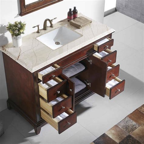 Bathroom vanity solid wood. The vanity is constructed from quality solid wood and finished zero-emissions paint. This striking vanity will be a great centerpiece for any bathroom design. The manufacturer has taken the initiative to change the vanity industry by adding soft-closing doors and drawers to their entire product line. 