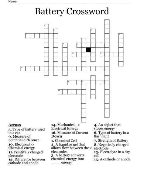 Battery metal crossword clue. The Crossword Solver found 30 answers to "battery size", 3 letters crossword clue. The Crossword Solver finds answers to classic crosswords and cryptic crossword puzzles. Enter the length or pattern for better results. Click the answer to find similar crossword clues . Enter a Crossword Clue. 