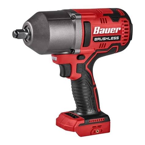 The BAUER™ 20V Brushless Cordless 1/2 in. 3-Speed Impact Wrench is designed for versatility and access in tight spaces. The high performance motor produces 475 ft. lbs. of bolt breakaway torque for removing lug nuts and head bolts with ease. This impact wrench works with the BAUER™ lithium battery system for fast charging and longer runtime.