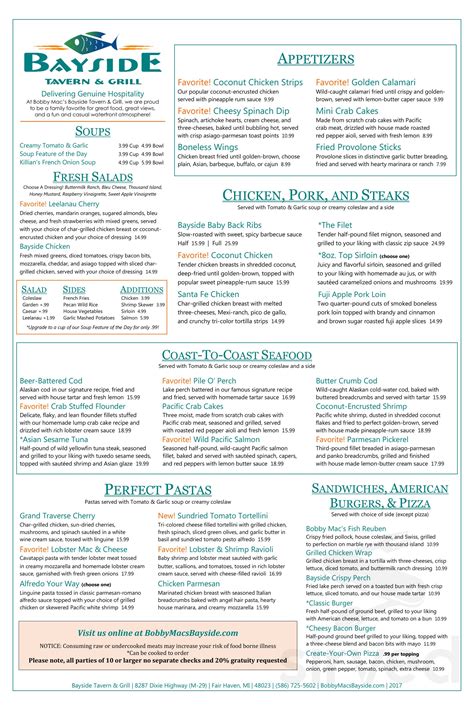 Bayside inn menu. View the online menu of Bayside Restaurant located inside the Cobblestone Inn and Suites, Fairfield Bay, AR and other restaurants in Fairfield Bay, Arkansas. ... Bayside Restaurant located inside the Cobblestone Inn and Suites, Fairfield Bay, AR « Back To Fairfield Bay, AR. 1.59 mi. Food $$ 501-825-3090. 100 Lost Creek Pkwy, Fairfield Bay, … 