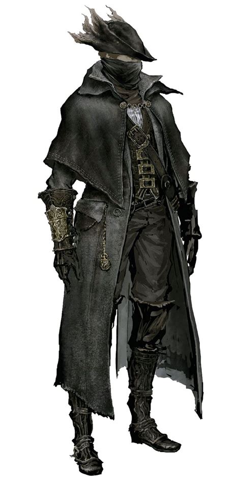 The Hunter is the player character and main protagonist of Bloodborne. Bloodborne's trailers and concept art depict the Hunter as a male character wearing a black tricorn, a gray duster coat, a pair of brown leather boots, a pair of black gauntlets with golden ornaments and a reddish bandanna covering his face (known as the Hunter Set). His weapons of choice are a Saw Cleaver and a Hunter .... 