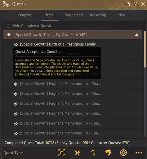 The simplified questline can only be completed once per family with a season character. - Once your season character reaches Velia through the main questline and completes the quest "The Sage of Velia," go to Alustin in Velia to start the simplified questline by accepting the quest "[Special Growth] Birth of a Prestigious Family.". 