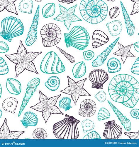 Beach Seashell Pattern. Vector seamless pattern with seashells doodle