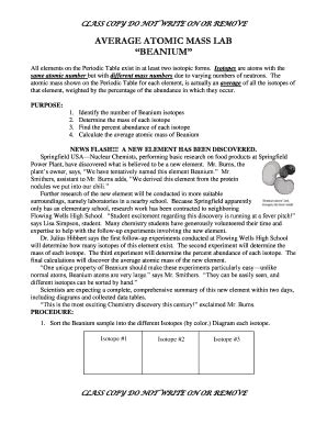 Beanium lab answer key. Calculations for atomic mass of BEANIUM …(use the data table to complete) Analysis Questions: 1. What is an isotope? An isotope is changing the amount of neutrons in an element but leaving the amount of protons the same. 2. Explain any differences between the atomic mass of your BEANIUM sample and that of a 