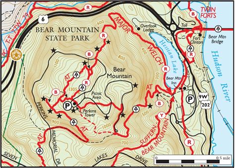 Bear mountain state park map. Bear Mountain State Park is situated in rugged mountains rising from the west bank of the Hudson River. The park features a large play field, shaded picnic groves, lake and river fishing access, a swimming pool, Trailside Museums and Zoo, hiking, biking and cross-country ski trails.An outdoor rink is open to ice skaters from late October through mid-March. 