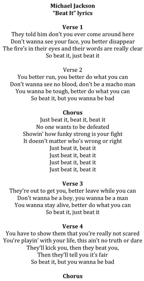 Beat it lyrics. Music has a unique way of speaking to our souls. It can uplift us, inspire us, and even transport us to different times and places. But have you ever found yourself humming along t... 