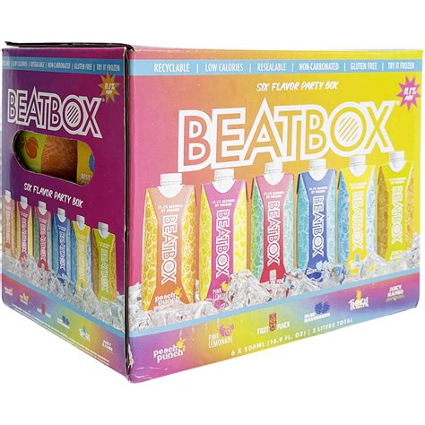 Beatbox Variety Pack Party Box (6PK 500 ML) The ultimate portable party punch. Low sugar, gluten-free, eco-friendly, and resealable. Featuring Peach Punch, Pink Lemonade, Fruit Punch, Blue Razzberry, Tropical Punch, and Fresh Watermelon. The ultimate portable party punch. Low sugar, gluten-free, eco-friendly, and resealable.. 