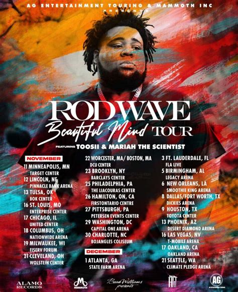 In 2022, Rod Wave dropped Beautiful Mind, collaborating with Jack Harlow among others. He later announced his 2022 Beautiful Mind tour. Buy 2023 Rod Wave tickets from Vivid Seats and experience it live! Rod Wave concert tickets are available now from Vivid Seats. We offer a 100% Buyer Guarantee and the industry's leading rewards program.. 