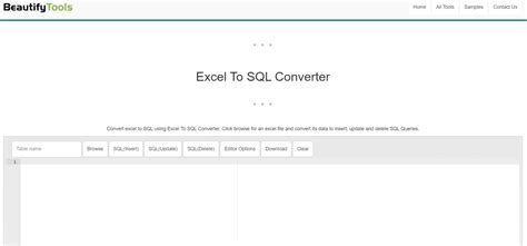 Beautifytools excel to sql.  Upload an excel file or paste your spreadsheet data into this ...