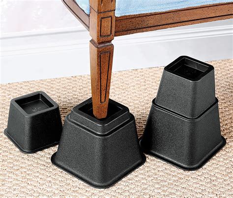 This 8-piece set of plastic bed risers allows you to raise your bed, dresser, table, or chair by 3, 5, or 8 inches. Bed lifts can provide simple DIY under-bed storage and work wonderfully as dorm bed risers. The Bed Riser set includes four large and four small riser cups that may be used alone or stacked. . 
