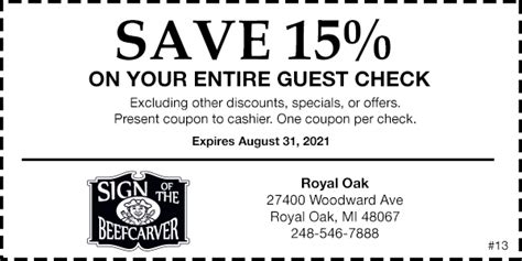 Beefcarver coupon. Sign of The Beefcarver. Review. Save. Share. 54 reviews #12 of 114 Restaurants in Royal Oak $$ - $$$ American. 27400 Woodward Ave, Royal Oak, MI 48067-0928 +1 248-546-7888 Website. Open now : 11:00 AM - 8:00 PM. 