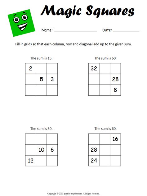 Beginner Magic Square Worksheet 1