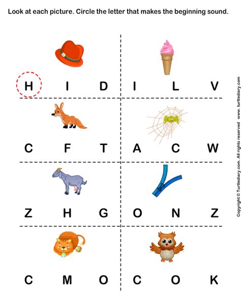 Beginning Sound of Words Represented by each Picture Worksheet Turtle