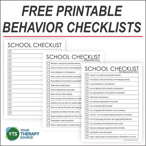 Behavior Checklist for Students Your Therapy Source