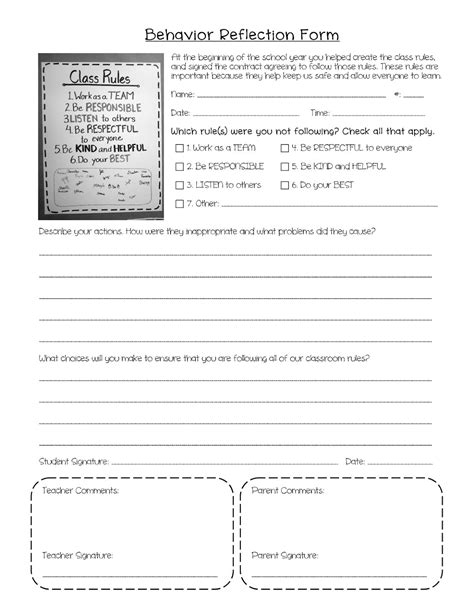 Behavior Reflection Form that includes classroom rules from Upper