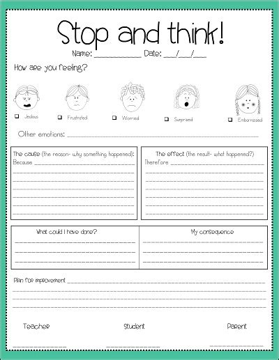 Behavior Reflection Sheet Free Printable