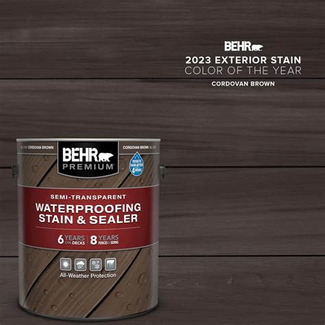 Customer Reviews for BEHR 5 gal. #SC-104 Cordovan Brown Solid Color House and Fence Exterior Wood Stain. Internet # 308928212Model # 03005 ... Hover Image to Zoom. 5 gal. #SC-104 Cordovan Brown Solid Color House and Fence Exterior Wood Stain. by BEHR (17)Resists UV and water damage; Self-priming; Resists moisture, cracking and blistering .... 