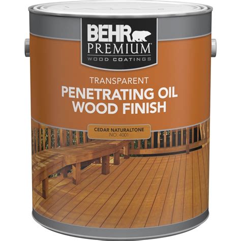 Model # 50004C Store SKU # 1000665635. BEHR PREMIUM Transparent Waterproofing Wood Finish is waterproof to prolong the wood's natural beauty. Thhis finish is ideal for application on exterior wood decks, fences, siding and patio furniture. The acrylic formula combines the benefits of an oil-based finish and the convenient cleanup of a water .... 