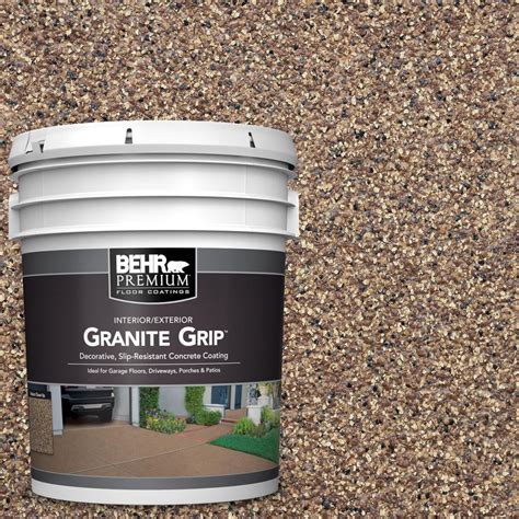  BEHR Premium Granite Grip is a unique decorative, slip-resistant, drivable concrete floor coating. It helps renew and provide a unique multi-speckled finish. This durable protective coating is formulated to resist dirt, grease, household stains and hot tire pick-up. It will hide surface imperfections and fill in hairline cracks in concrete. . 