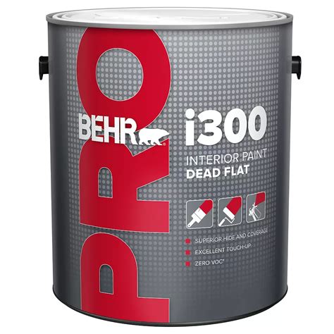 Behr i300 dead flat. BEHR PRO i300 Dead Flat Interior Paint is a professional quality latex paint with superior hide and coverage, excellent sprayability, spray and back-roll, and superior touch-up. Use on properly prepared and primed drywall, concrete, masonry, wood and metal surfaces in both residential and commercial applications. Designed for use in indoor areas. 