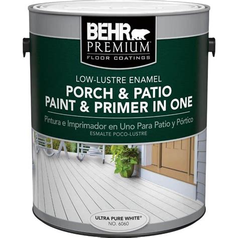 Behr premium porch and patio floor paint. BEHR PREMIUM Porch and Patio Floor Paint Enamel is an interior and exterior floor coating for concrete and wood surfaces. This durable 100% acrylic latex finish resists mildew, scuffing, fading, cracking and peeling. Ideal for use on porches, floors, decks, basements and patios. 
