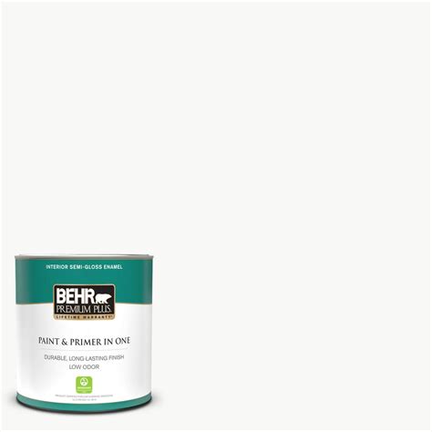 BEHR PREMIUM PLUS Exterior Paint & Primer is a 100% Acrylic, low VOC formula designed for a long-lasting finish that resists moisture, fading & stains and provides a mildew and corrosion resistant finish. ... Semi-Gloss Enamel sheen offers a radiant, sleek appearance; Ultra Pure White is part of BEHR's Designer Collection Color Palette; 1 …. Behr semi gloss