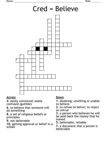 Answers for belief (3) crossword clue, 3 letters. Search for crossword clues found in the Daily Celebrity, NY Times, Daily Mirror, Telegraph and major publications. Find clues for belief (3) or most any crossword answer or clues for crossword answers.