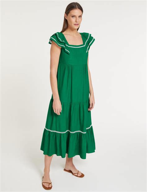 Bella Linen Blend Maxi Dress - Emerald Green White - cefinn.com