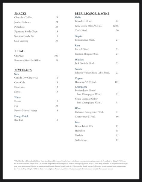 Bellagio mini bar price list.  A large, Snickers shareable size bar, Stocked mini...