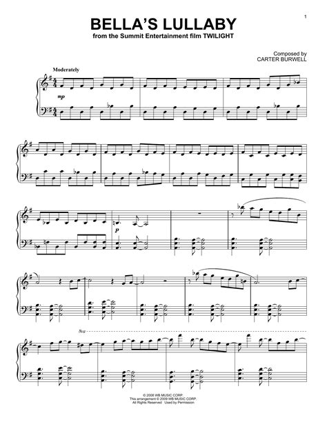 Bellas lullaby piano sheet music. Song Details: "Bella's Lullaby" is an original composition by Carter Burwell, which is included in the film score for the 2008 romantic fantasy film "Twilight", directed by Catherine Hardwicke. Carter Burwell was the composer of the film score. 