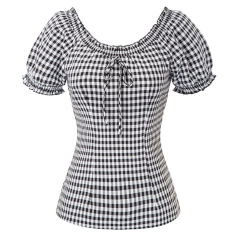 Belle Poque Women Summer Gingham Top 1950s Vintage Off Shoulder Blouse …