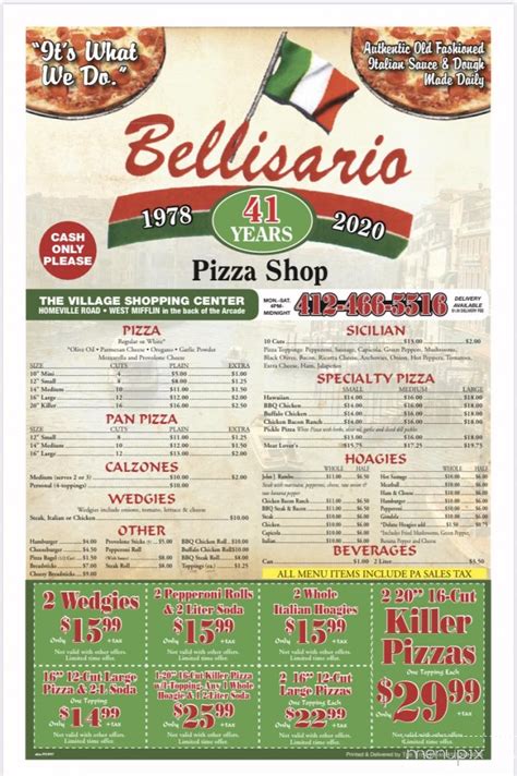 Bellisario pizza shop menu. About Bellisarios Pizza; Printable Menu; Weekday Specials. ... Wednesday after 4PM 1 large cheese pizza plus 12" sub - 19.99 + tax. Hours. Monday-Saturday: 11:00AM-8:30PM Closed Sundays and Holidays. Where to find us. 934 North East Street Frederick, MD 21701 Contact (301) 662-9233 Nikki Bellisario, Owner 