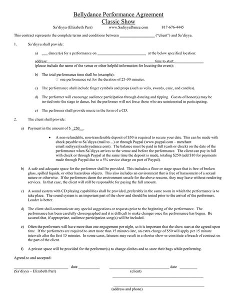 Bellydance Performance Contract in Word and Pdf formats
